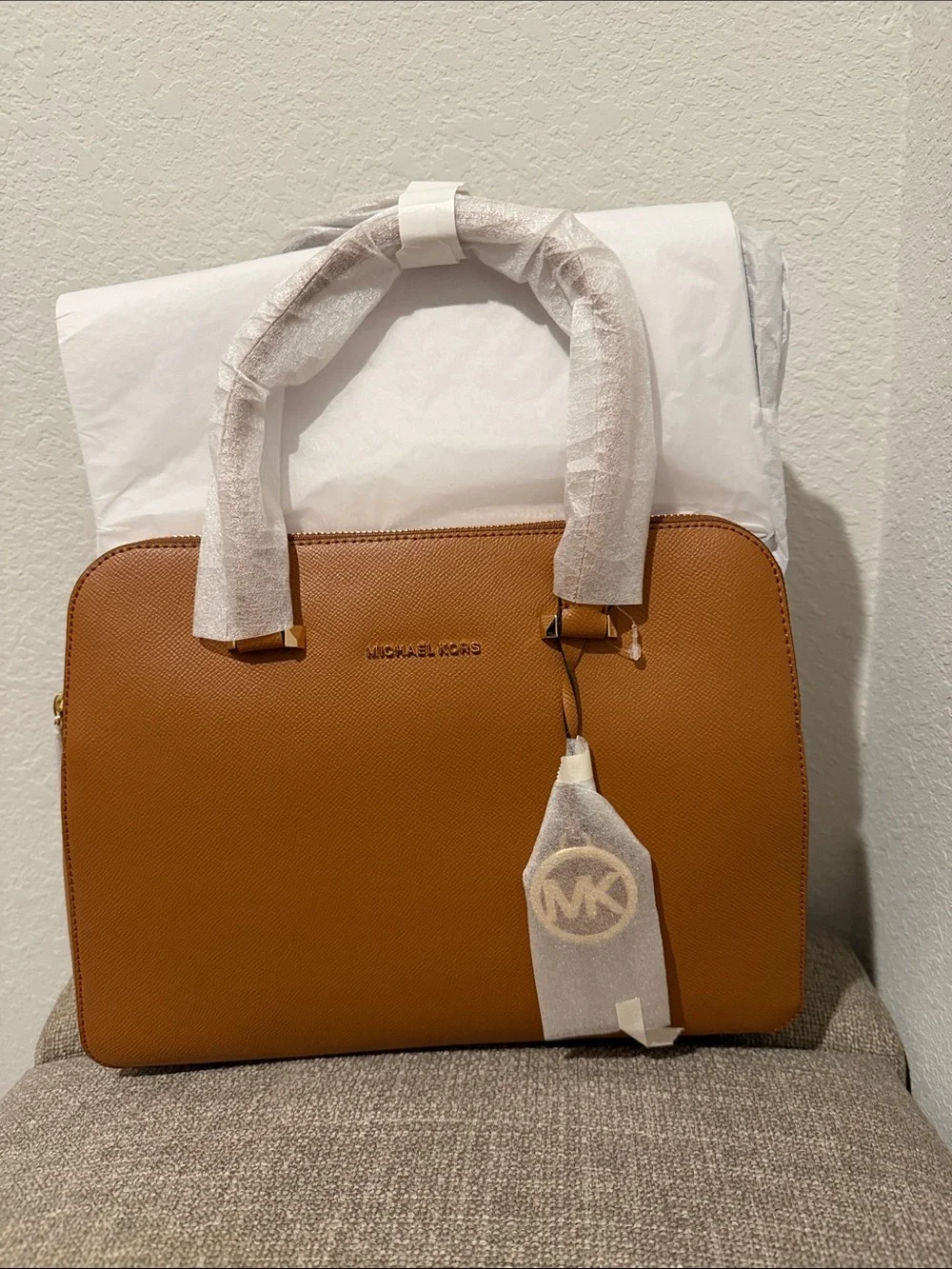 Michael Kors Tan Saffiano Leather Satchel with Gold Hardware